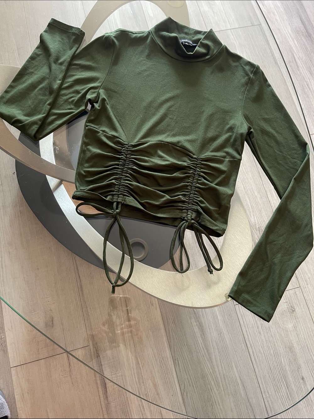 Ambiance Olive Green Ruched Tie-Front Long Sleeve Top